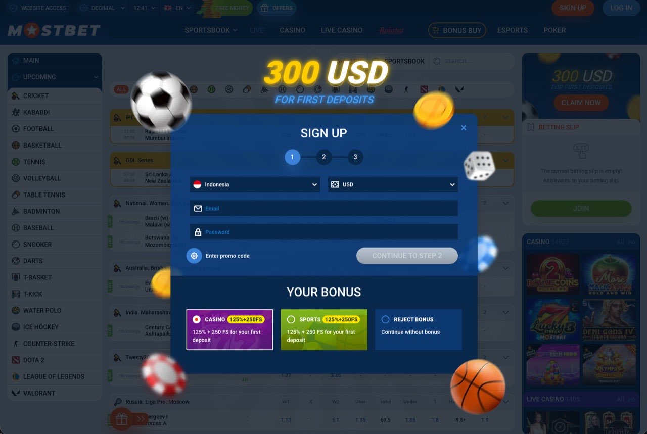 Mostbet sports signup modal showing the registration flow and sports-bonus choice during account creation