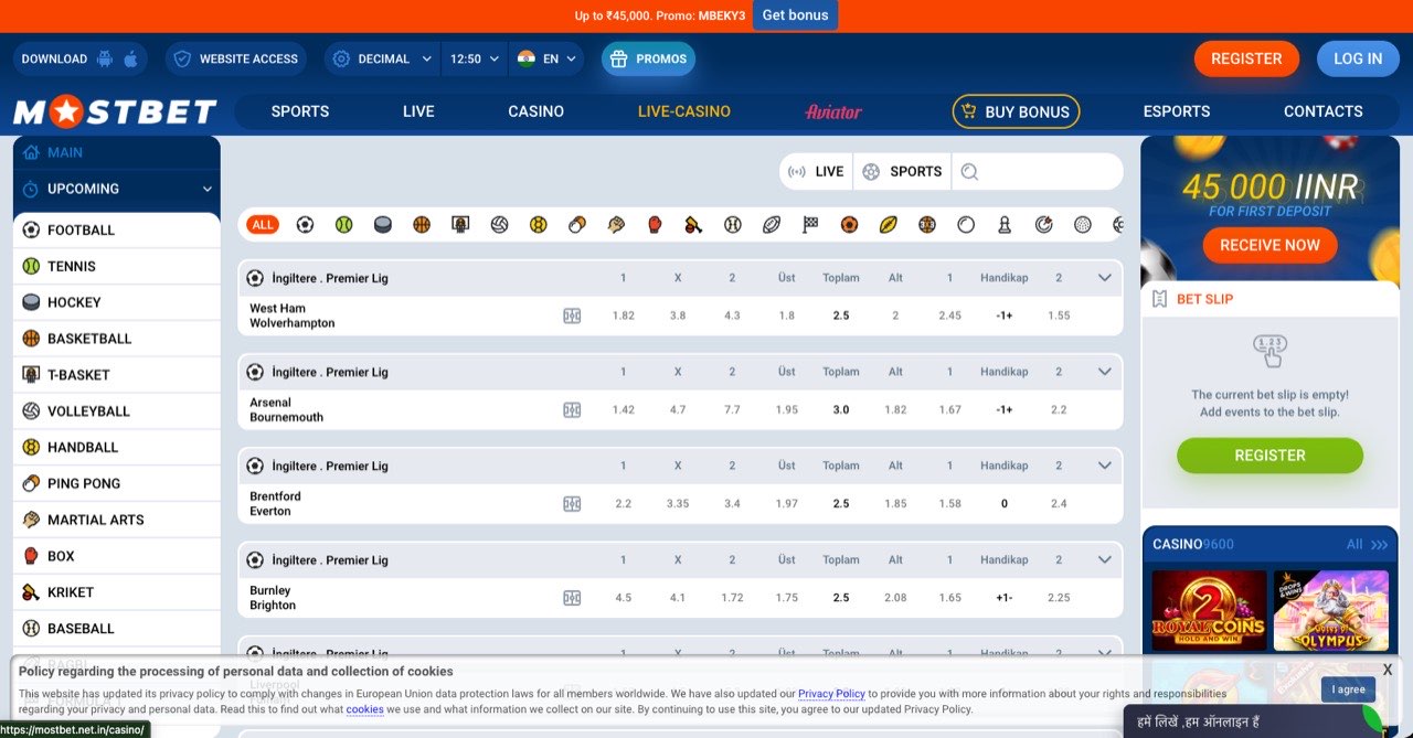 Mostbet sportsbook page with football markets and an empty bet slip, showing where accumulator selections are added for sports bonus wagering